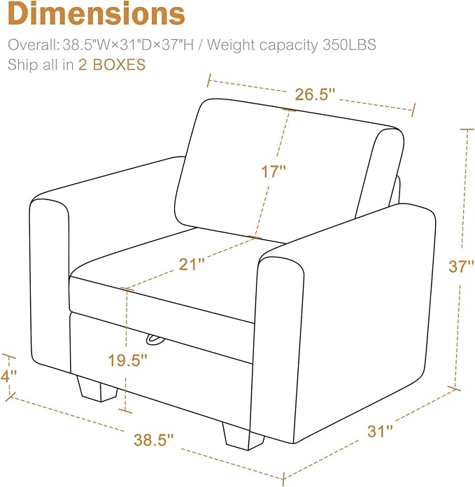 38.5 Oversized Accent Chair with Storage Ivory Corduroy, Single Modern Accent Sofa Chair with Arms for Apartment Living Room (21" Deep Seat)