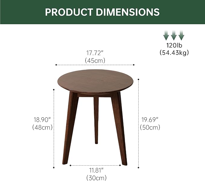 100% Solid Oak Round Side Table Set of 2, Small Bedside Table for Small Spaces, Living Room End Table with Stable Frame, Modern Nightstand for Bedroom Couch(Walnut, 17.71" D x 19.68" H)