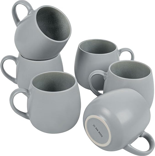 Ceramic Coffee Mugs Set of 6, 14oz - Modern Scandinavian Aesthetic - Microwavable Stoneware Coffee Cups with Comfortable Handle - Tea Mug Set for Latte, Cappuccino, Soup - Pale Blue Mist