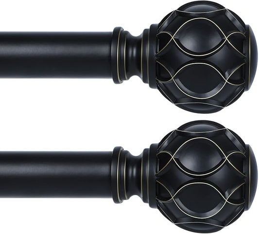 Black Adjustable Curtain Rods for Windows:Farmhouse Heavy Duty Curtain Rod for Bedroom Living Room,Boho Decorative Rustic Drapery Rods with Vintage Coastal Finials,Matte Black 2 Pack 36-88"