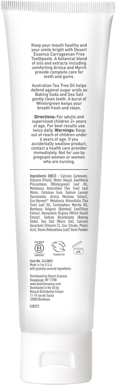 Desert Essence Arnica & Tea Tree Oil Toothpaste – Carrageenan & Fluoride Free – Wintergreen Mint – Vegan, Non-GMO, Gluten-Free – Gently Removes Plaque & Freshens Breath – 6.5 oz