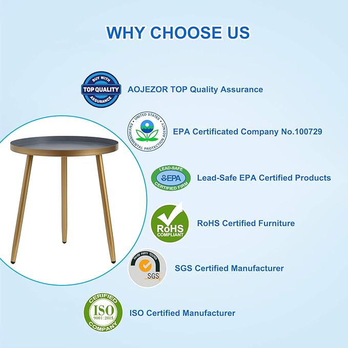 AOJEZOR Side Table: End Table for Indoor Use - Round Side Tables for Small Spaces - Grey Top 3 Legged Gold