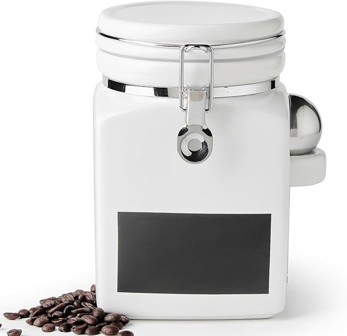 Ceramic Coffee Canister with Airtight Lid and Scoop, Large 78 Fl Oz / 2.3 L Kitchen Food Storage Container Jar for Grounds Coffee, Beans, Tea, Sugar, Flour, Cereal, Nuts, Cookie, White