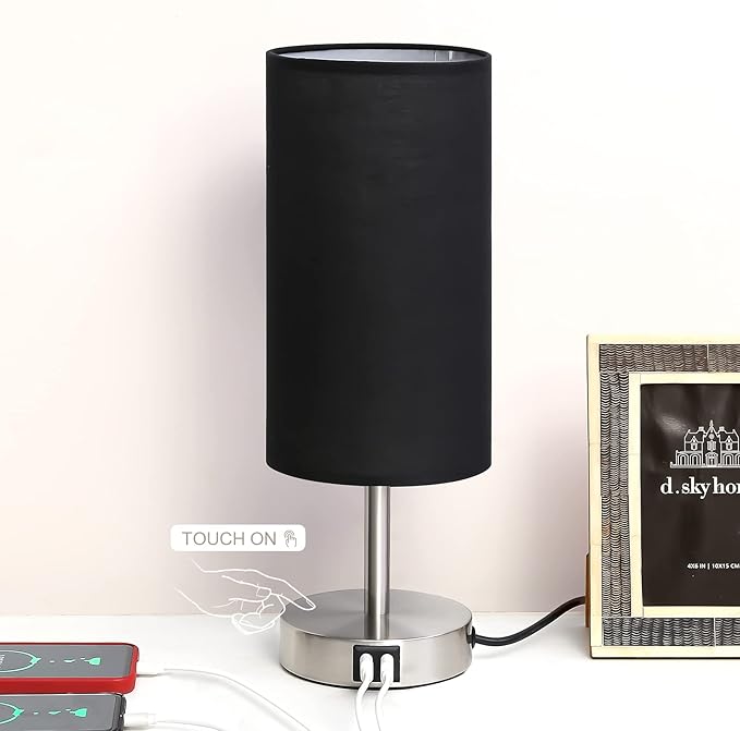 Bedside Lamp with USB Port - Touch Control Table Lamp for Bedroom Wood 3 Way Dimmable Nightstand Lamp with Round Black Shade for Living Room, Dorm, Home Office (LED Bulb Included) (Blacl2)