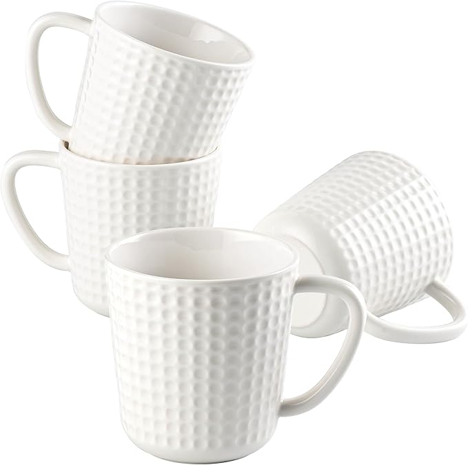 Ceramic Coffee Mugs 15 oz, Large Waffle Embossed Mug Set, Coffee Cups for Latte, Cappuccino, Cocoa, Tea, Mocha, Milk, Housewarming Wedding Present,Microwave & Dishwasher Safe - Set of 4 (White)
