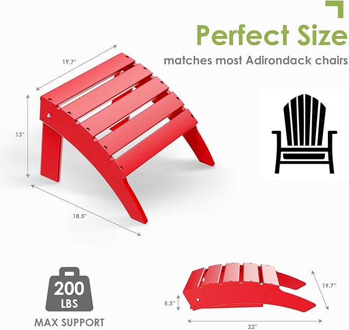 GREENVINES Adirondack-Ottoman | HDPE Plastic | Outdoor Footrest | All Weather | Foot Rest | Foot Stool | Red | for Adirondack Chair | for Patio Backyard Pool