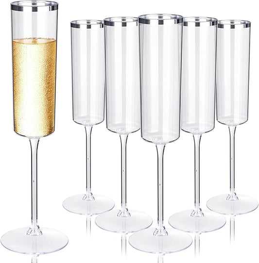 Ciaell 24 Pack Silver Plastic Champagne Flutes - 6 Oz Disposable Champagne Glasses - Square Silver Rim Plastic Toasting Glasses for Party Birthday Anniversary Wedding