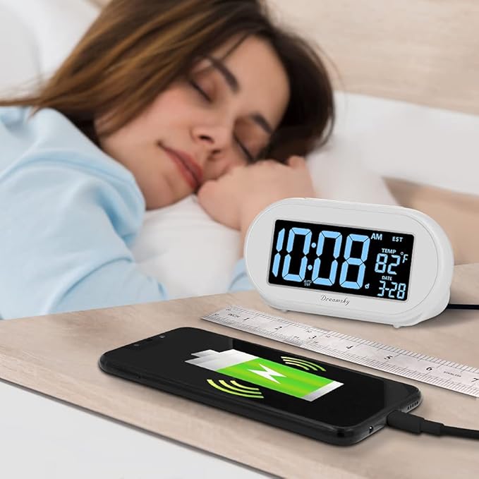 DreamSky Alarm Clocks for Bedrooms, Auto Set Digital Desk Clock for Bedside Nightstand, Electric Clock with Dimmable Brightness Dimmer, Auto DST, USB Port, Date, Temperature, Snooze