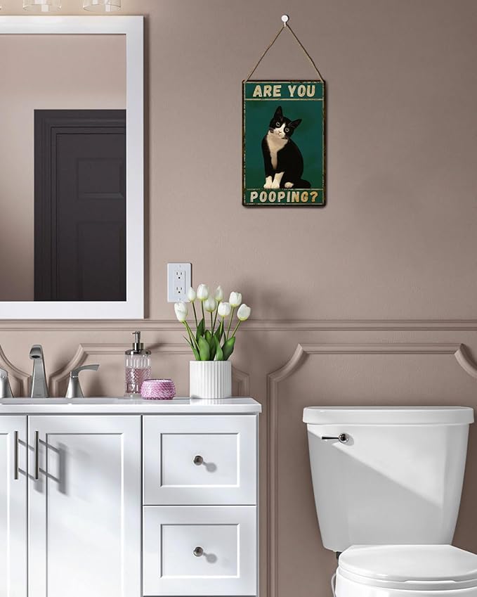 ALKB Tuxedo Cat Decor Are You Pooping Funny Metal Signs 8 x 12 Inch Black Cat Gift for Vintage Bathroom Decor