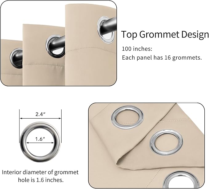 Easy-Going Blackout Door Curtains for Bedroom, Solid Thermal Insulated Grommet and Noise Reduction Window Drapes, Room Darkening Curtains for Living Room, 1 Panel (100x96 in, Beige)