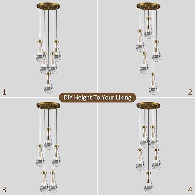 Gold 5 Light Cluster Pendant Lighting, Raindrop Chandeliers Brass Dining Room Lights Fixture, Teardrop Pendant Lights Kitchen Island, Hanging Lamp Ceiling for Entryway Foyer Staircase