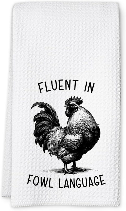 Chicken Dish Towel, Waffle Weave Microfiber Kitchen Cloth, Rustic Rooster Decor Accent, Farmhouse Style Gift for Chicken Lovers, Funny Country Hand Towel for Kitchen Bathroom - A05
