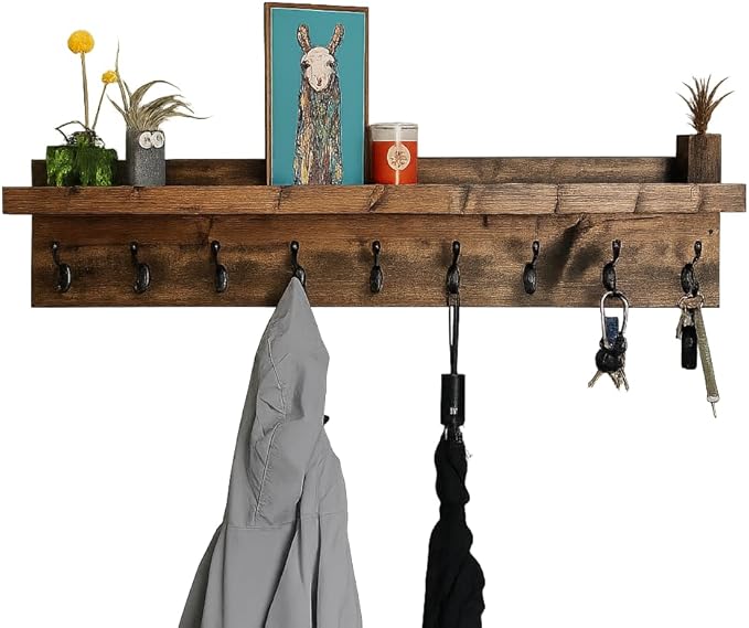 Coat Rack with Shelf Wall Mounted with Storage (Choose Your Length) Towel Rack Entryway Organizer Key Hooks (48" L (11 Hooks))