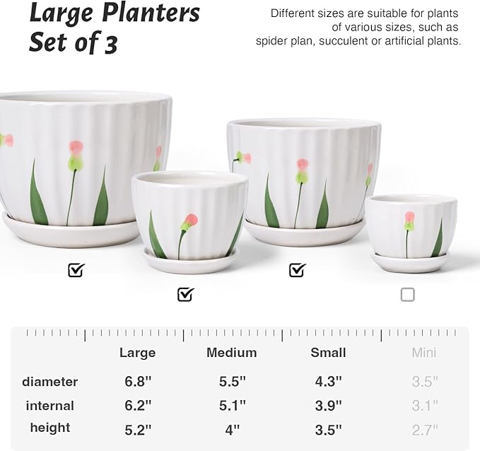 4/5/6 Inches Ceramic Plant Pots with Drainage Holes and Saucers, Round Flower Pots for Indoor Plant, Small Flower Planters Set of 3 (White Floral-Big Size)