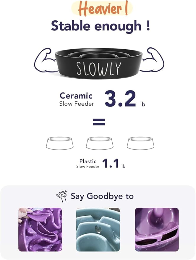 Ceramic Slow Feeder Dog Bowls Small Breed, 0.6 Cups Dog Food Dish for Fast Eaters, Puzzle Bowl for Small Dogs and Cats,Black