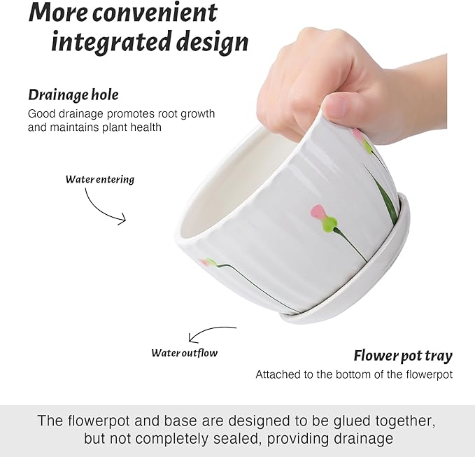 Ceramic Plant Pots with Drainage Holes and Saucers, Round White Flower Pots for Indoor Plant, Diameter 3.3/4.3/5.5 Inches Small Flower Planters Set of 3