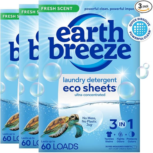 Earth Breeze Laundry Detergent Sheets Fresh Scent - 180 Loads Eco Liquidless Soap - Travel-Friendly for Hot & Cold Cycles, Tackles Tough Stains & Odors - Gentle on Skin, 90 Ct (3 Pack)