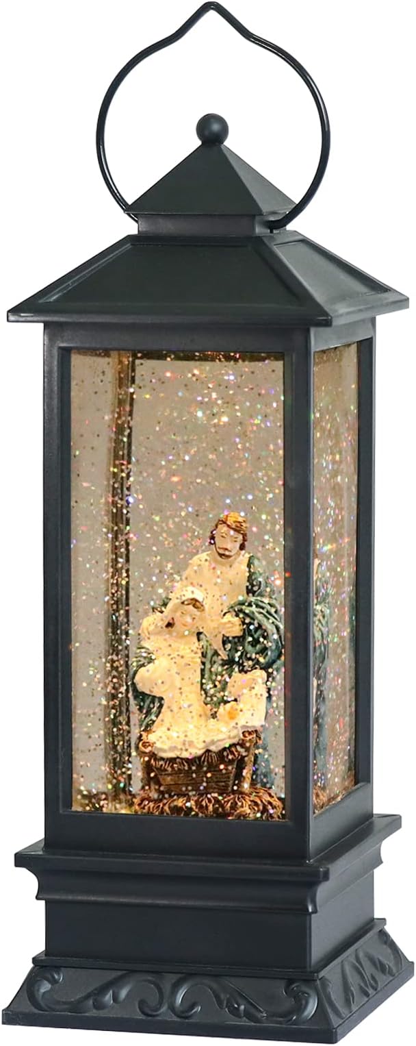 Eldnacele Battery Operated Plug-in Musical Lighted Christmas Water Snowing Glittering Snow Globe Lantern with Timer Christians Nativity Lantern Decor, Holy Family