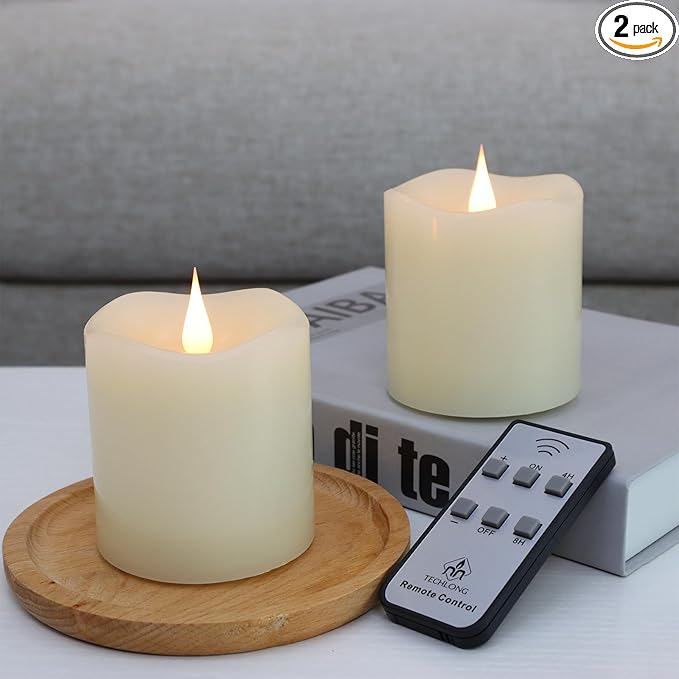 Flameless Candles Battery Operated with Remote Timer, 3D Moving Flame Flickering, Last 600+ Hours Battery Candles, 3" x 3" Ivory Real Wax Electric LED Candle for Wedding Party, Set of 2