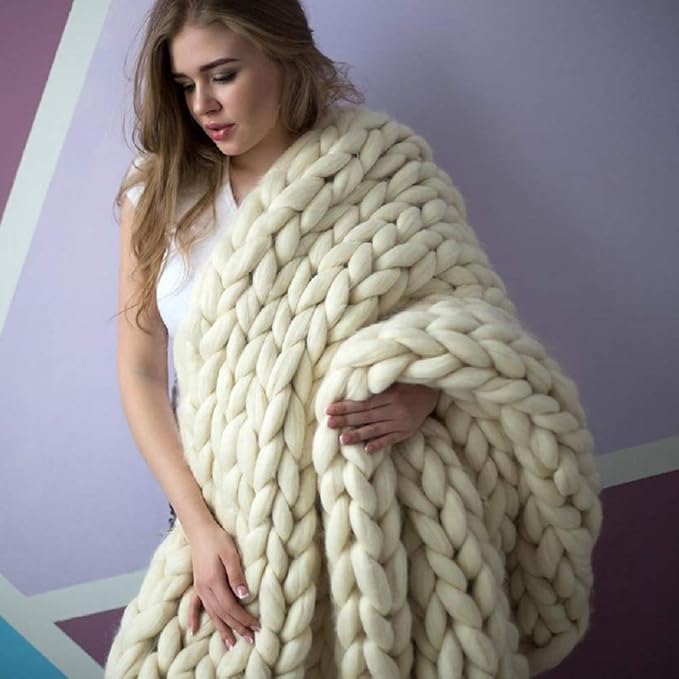 Chunky Knit Blanket Hand Made Merino Wool Throw Boho Bedroom Sofa Home Decor Giant Yarn(Ivory White 60"x80")