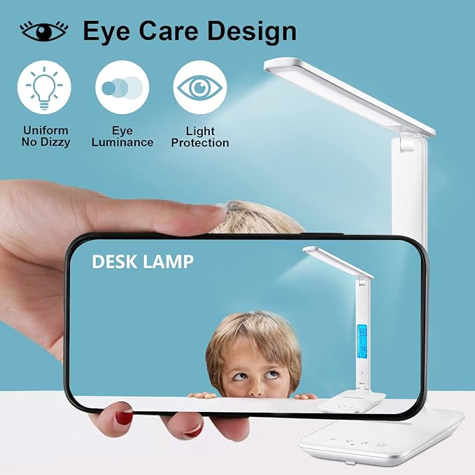 Desk Lamp with Wireless Charger: USB Charging Port, Table Lamp with Clock, Desk Lamps for Home Office College Dorm Room Essentials