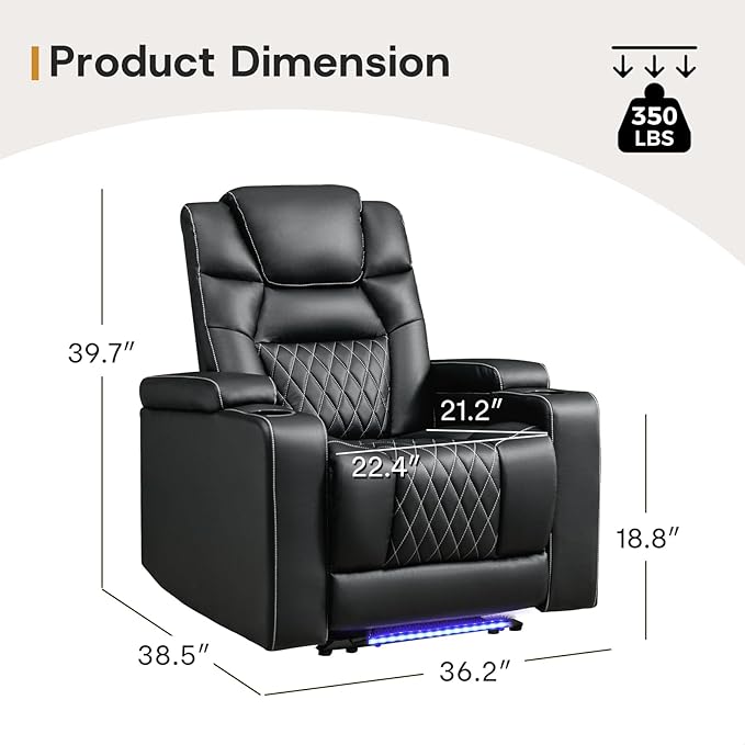 ANJ Power Home Theater Recliner Chair Set of 3, Electric Movie Theater Seating Reclining Chairs with Cup Holders for Living Room, Faux Leather with Blue LED, USB Ports, Hidden Arm Storage (Black)