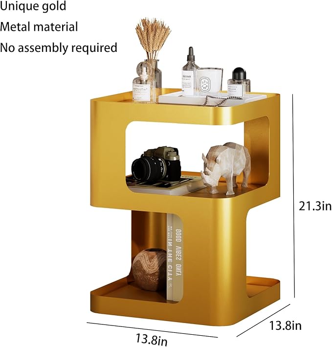 Gold Side Table,Modern end Table,Unique nightstand,Bedside Tables,Metal Accent Side Table with Storage for Living Room Bedroom Couch,no Assembly Required