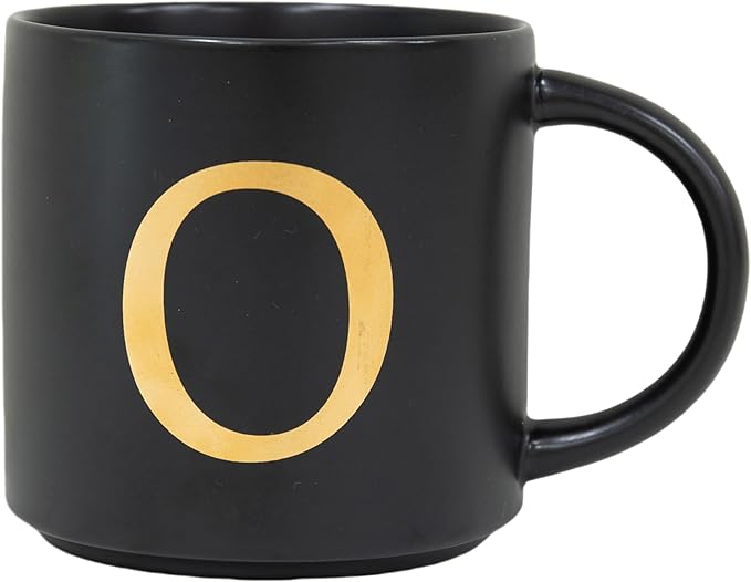 COLLECTIVE HOME - Monogram Ceramic Mugs, 15 oz Golden Initial Black Coffee Cups, Elegant Alphabet Tea Mugs, Elegant Personalized Mug with Gift Box, Unique Mug with Double Side Capital Lette (O)