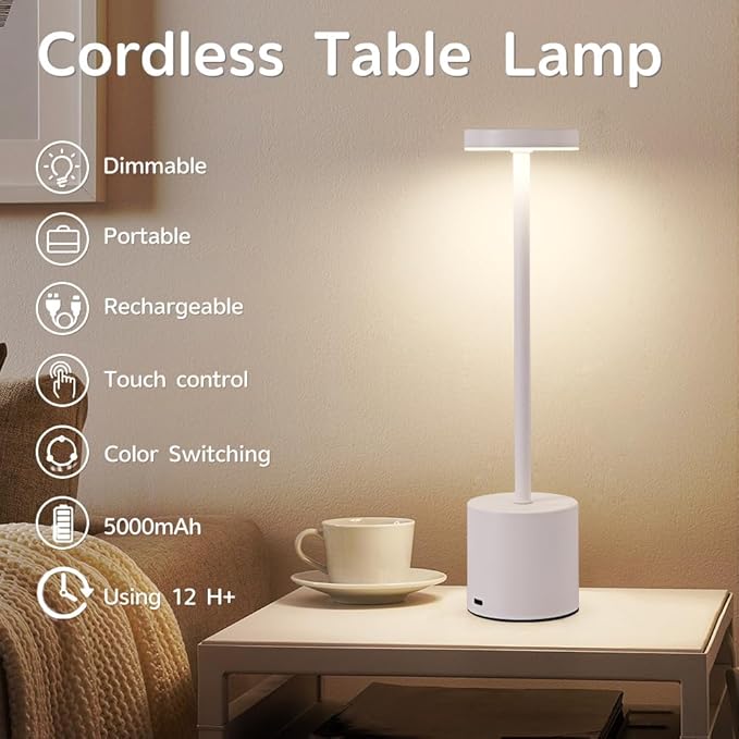 Cordless Table Lamp, 5000mAh Rechargeable Battery Powered LED Desk Lamp, Portable Touch Control Outdoor Table Lamps,3 Color Dimmable Light for Restaurant, Patio, Bedroom, Night Lamp (White)