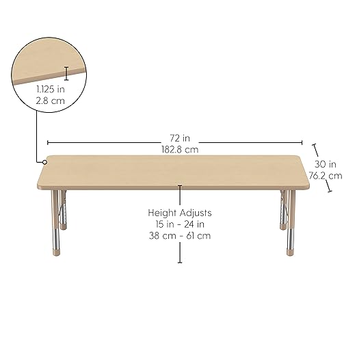 FDP Rectangle Activity School and Classroom Kids Table (30 x 72 inch), Chunky Sand Toddler Leg, Adjustable Height 15-24 inches - Maple Top and Maple Edge