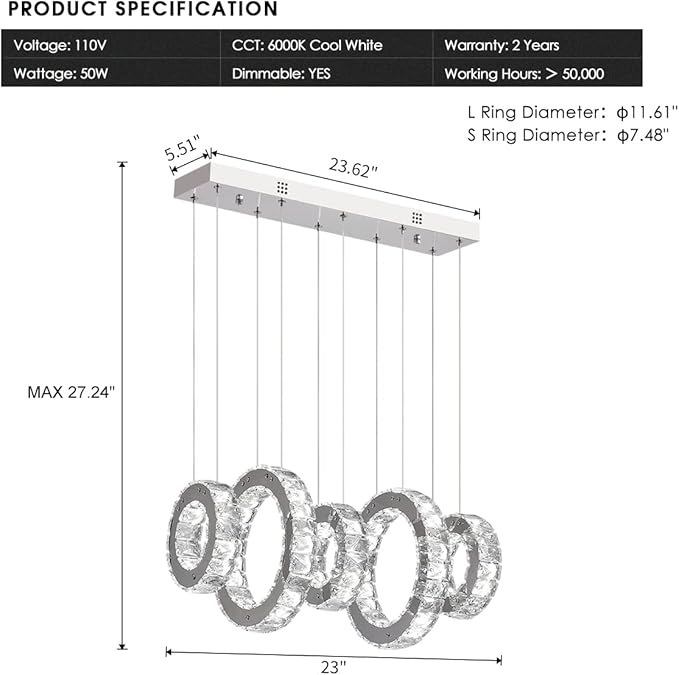 Buccleuch Modern Crystal Chandelier, Dimmable LED Ceiling Light Fixture 5-Ring Adjustable Stainless Steel Pendant Light, Silver Crystal Chandeliers for Dining Room, Bedroom, Living Room - Cool White
