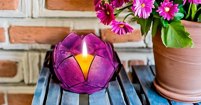 Blooming Lotus Capiz Shell Tealight Candle Holder, Handcrafted Decorative Tea Light Candleholder with Translucent Flower Petals for Ambient Illumination and Natural Elegance, Purple