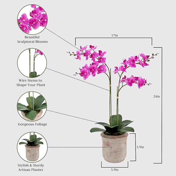 Faux Pink Orchid Plant, Premium Artificial Indoor Flower Display Stands 24”, Beautiful Sculptural Blooms That Lasts Forever, Grey Planter Pot Included