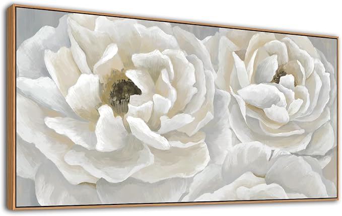 arteWOODS Cream White Flowers Framed Wall Art - Soft Peony Pictures for Wall Decor Elegant Blossom Flower Painting Artwork Botanical Prints for Living Room Home Office Wall Decoration 29" x 58"