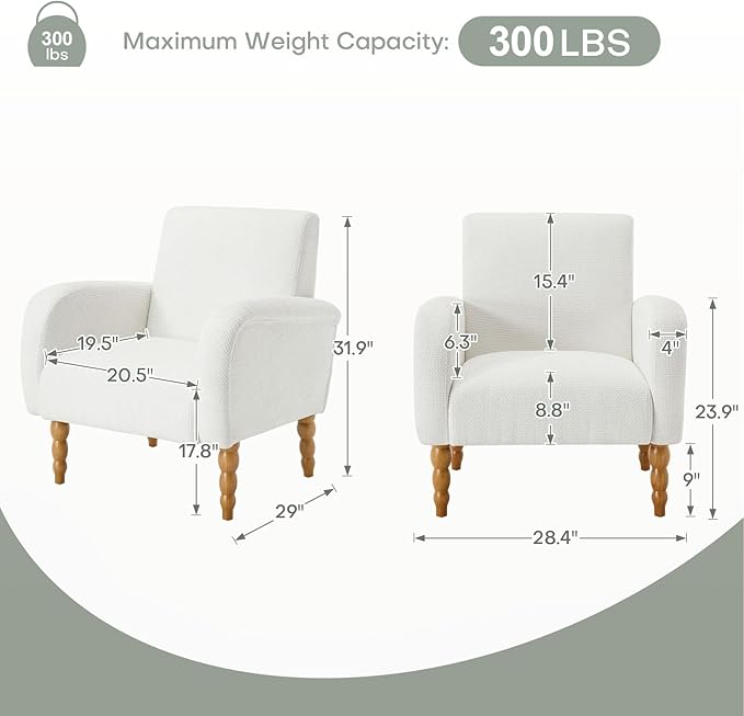 Chenille Fabric Accent Chair, Upholstered Armchair with Solid Wood Legs, Modern Living Room Accent Chair, Comfy Single Sofa Chair Reading Club Chair for Bedroom Reception Lounge, White