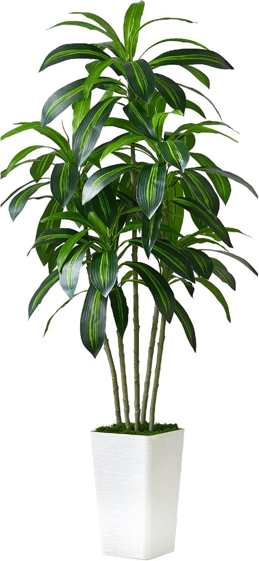 Artificial Dracaena Tree Artificial Silk Tree Faux Tree with White Tall Planter Fake Tropical Yucca Floor Plant (1, White Tall Planter, 6 FT)