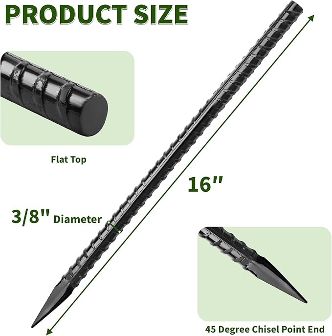 16 inches Ground Rebar Stakes (16 pcs) Heavy Duty Metal Spikes for Concrete Timber Garden Plant, Long Straight Steel Stakes for Tent, 3/8" Thickness Ground Anchors with Chisel Point End, Black