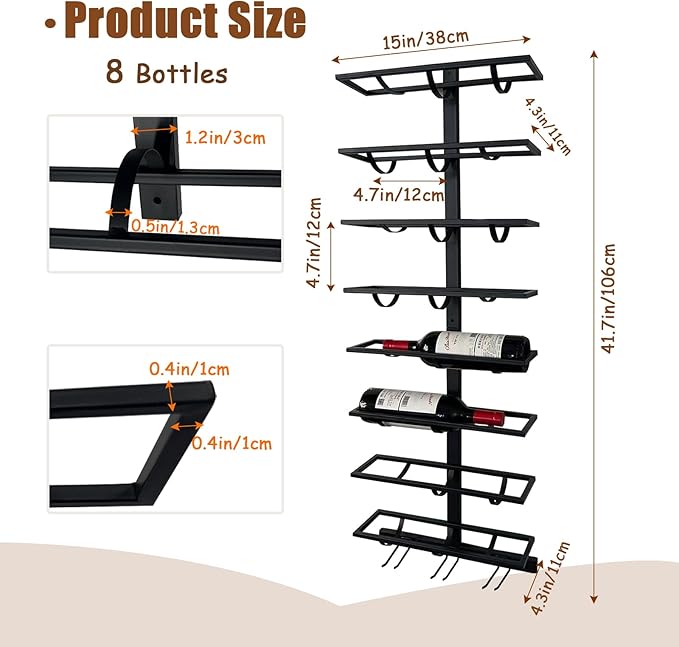 8 Bottle Wall Mount Wine Rack with Wine Glass Holder, Metal Wine Wall Rack, Wall Racks for Wine Bottles Display and Storage, Hanging Bottle Organizer for Living Dining Room Wine Cellar Bar (Black）