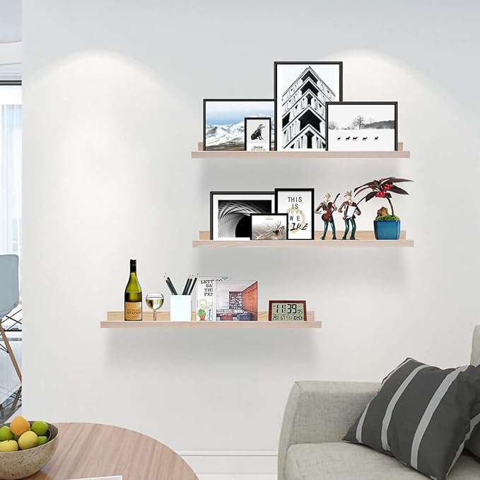 AZSKY Floating Picture Shelves 24 Inch a Set of 3 Wall Mount Long Narrow Photo Ledge Photo Frame Display Shelf Vintage Bookshelf for Nursery Mounting Hardware Included