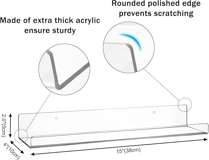 6 Pack Clear Acrylic Floating Shelves for Wall, 15'' Plastic Wall Mounted Display Shelf Kids Bookshelf and Spice Organizer for Bedroom, Living Room, Kitchen, Bathroom, Office
