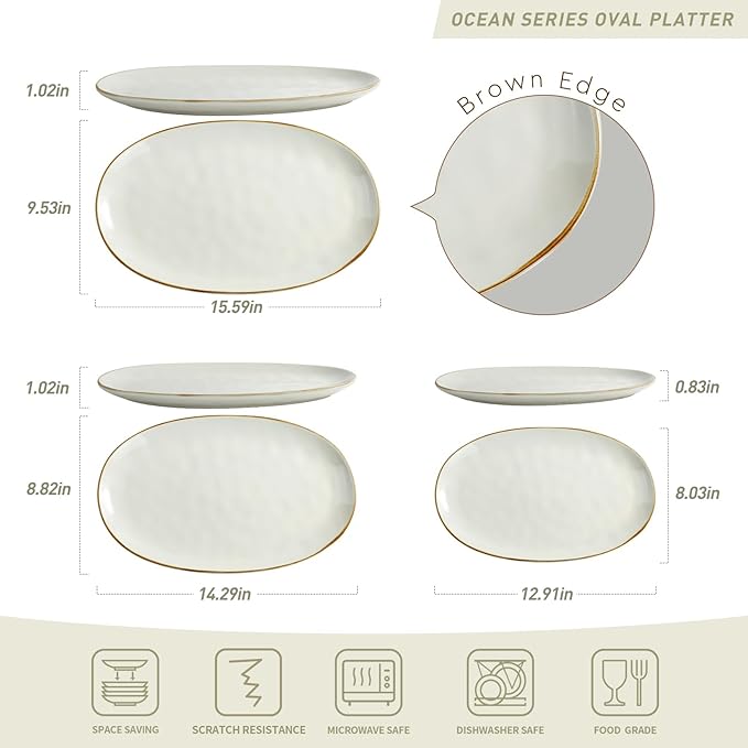 famiware Serving Platter, Oval 15.59/14.3/12.9inch Serving Dishes for Entertaining, Serving Bowls, Microwave Safe, Stoneware Serving Trays for Party, Food, Turkey, Cheese, Ocean Series, Vanilla White