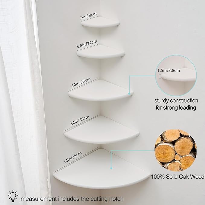 Corner Shelf, White Solid Oak Wood Floating Corner Shelves Wall Mount Round End Floating Speaker Rack Display Shelf for Small Plant Photo Frame (White, 7in)