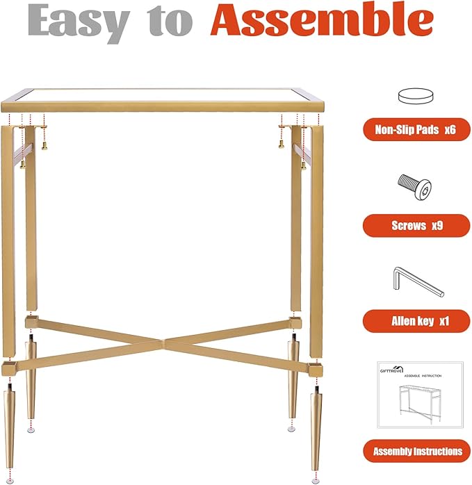 Gold End Table, Rectangle Side Table with Mirrored Top, Modern Metal End Table, Small Narrow Side Table for Living Room, Balcony, 22" L x 12.4" W x 24" D