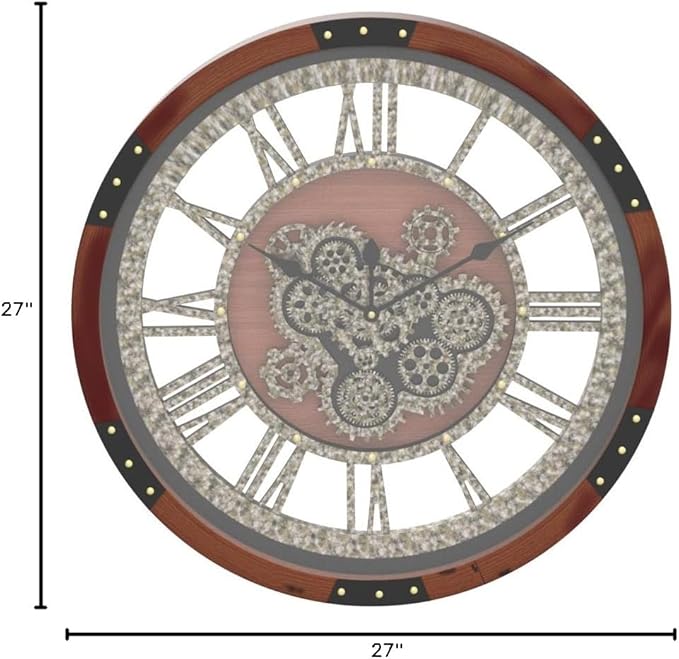 DORBOKER 27" Original Moving Gears Wall Clock, Large Industrial Wall Clock for Living Room Decor, Retro Metal Solid Wood Vintage Farmhouse Steampunk Rustic Clocks for Wall Decor,Black Walnut