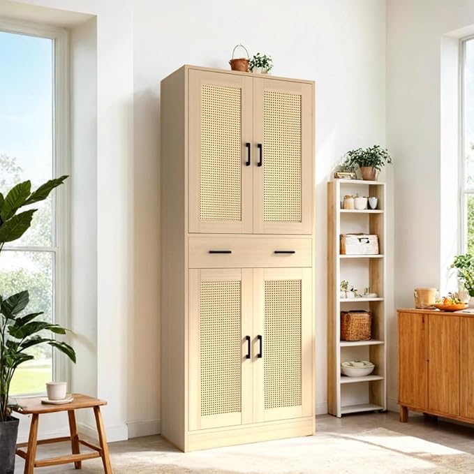 71" Tall Oak & Rattan Pantry Cabinet - Boho Chic Kitchen Storage with Doors & Drawer for Dining Room, Hallway or Kitchen Organization
