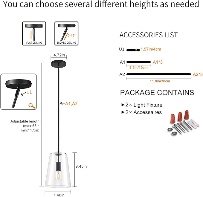 Black Big Pendant Lights Kitchen Island - Clear Glass Pendant Light Fixture Multiple Stems Rods 3 Units 12 Inch 3 Units 4 Inch (2 Pack Black Downrod Pendant with 7.5in W 9.5in H Shade)