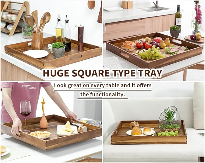 Extra Large Square Wood Tray, Generously 22" Acacia Serving Trays for Large Ottoman Coffee Table, Giant Square Shape Sofa Tray with Handles, Kitchen Organizer Storage Trays Huge Counter Serveware