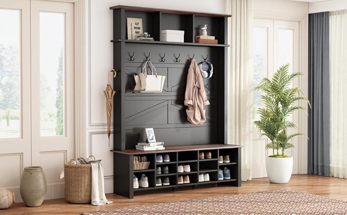 Ball & Cast 4-in-1 Hall Tree with 6 Hooks,Walnut Entryway Bench with Adjustable Shelves,Rustic Shoe Organizer with 16 Open Compartments,for Mudroom,Living Room,Hallway,Black