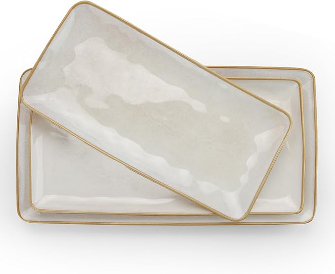 famiware Serving Platter, Rectangular 15.67/14.1/12.6 inch Serving Dishes for Entertaining, Microwave Dishwasher Safe, Stonware Serving Trays for Party, Turkey, Cheese, Ocean Series, Cappuccino White