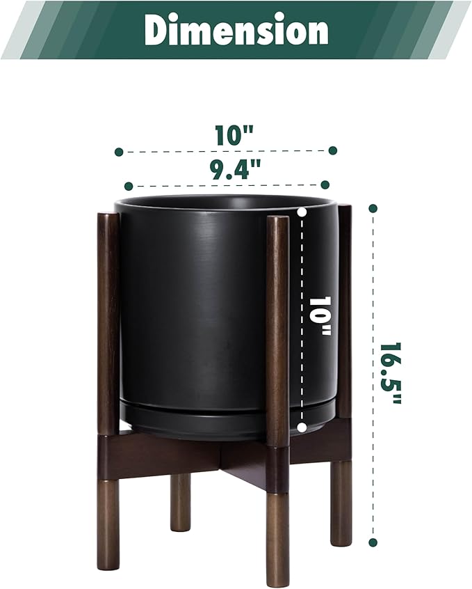 D'vine Dev Ceramic Planter with Walnut Color Stand - 10 Inch Modern Round Flower Pot with Wood Planter Holder, Black, 55-B-X-2